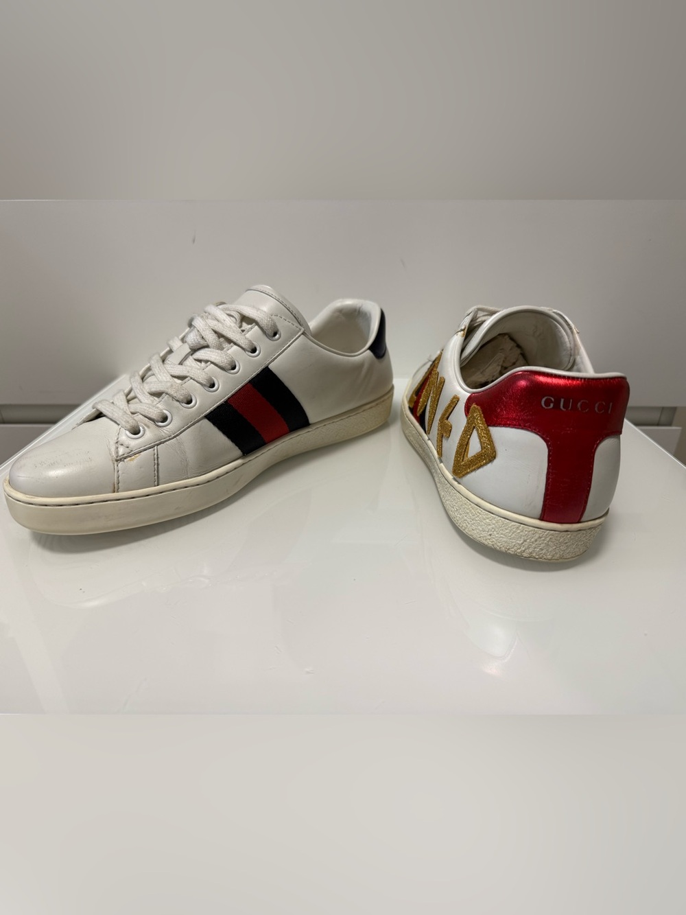Gucci White Leather 'Loved' Sneakers with Red, Blue & Gold Accents - Picture 3 of 17